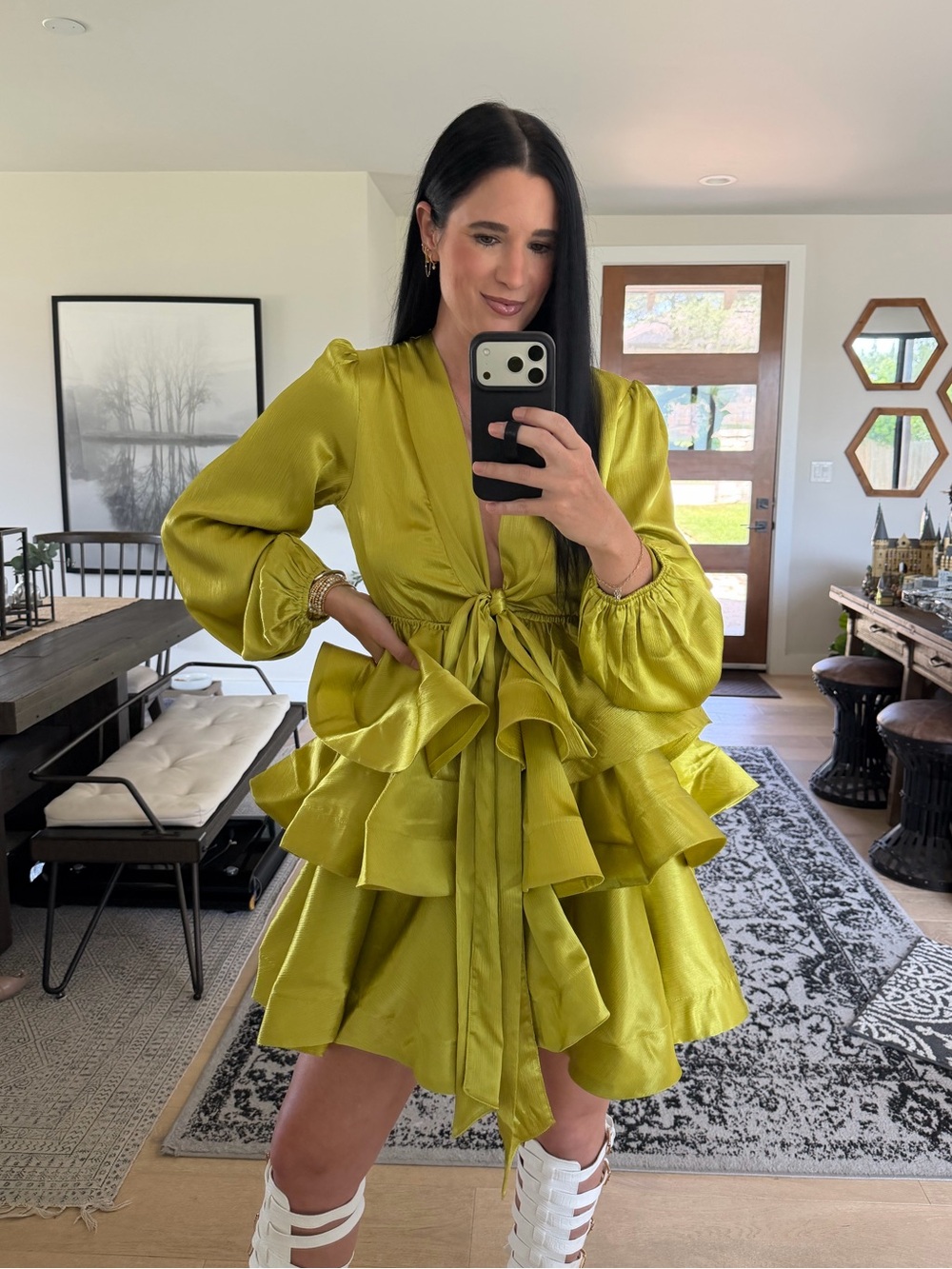 Akira ARIANA Satin Ruffled Mini Dress in Green